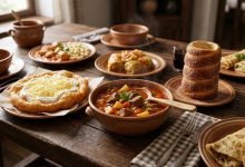 Traditional Hungarian food dishes on a wooden table, including beef Goulash and sweet Chimney Cake