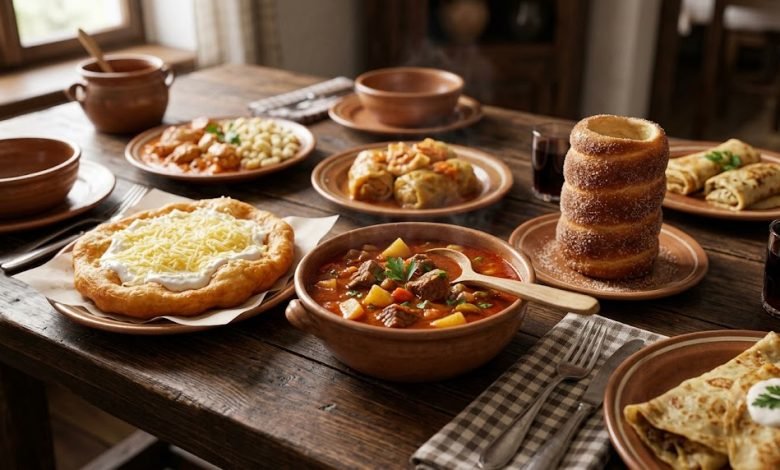 Traditional Hungarian food dishes on a wooden table, including beef Goulash and sweet Chimney Cake