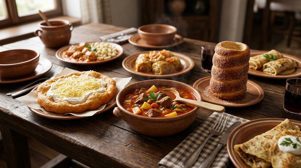 Traditional Hungarian food dishes on a wooden table, including beef Goulash and sweet Chimney Cake